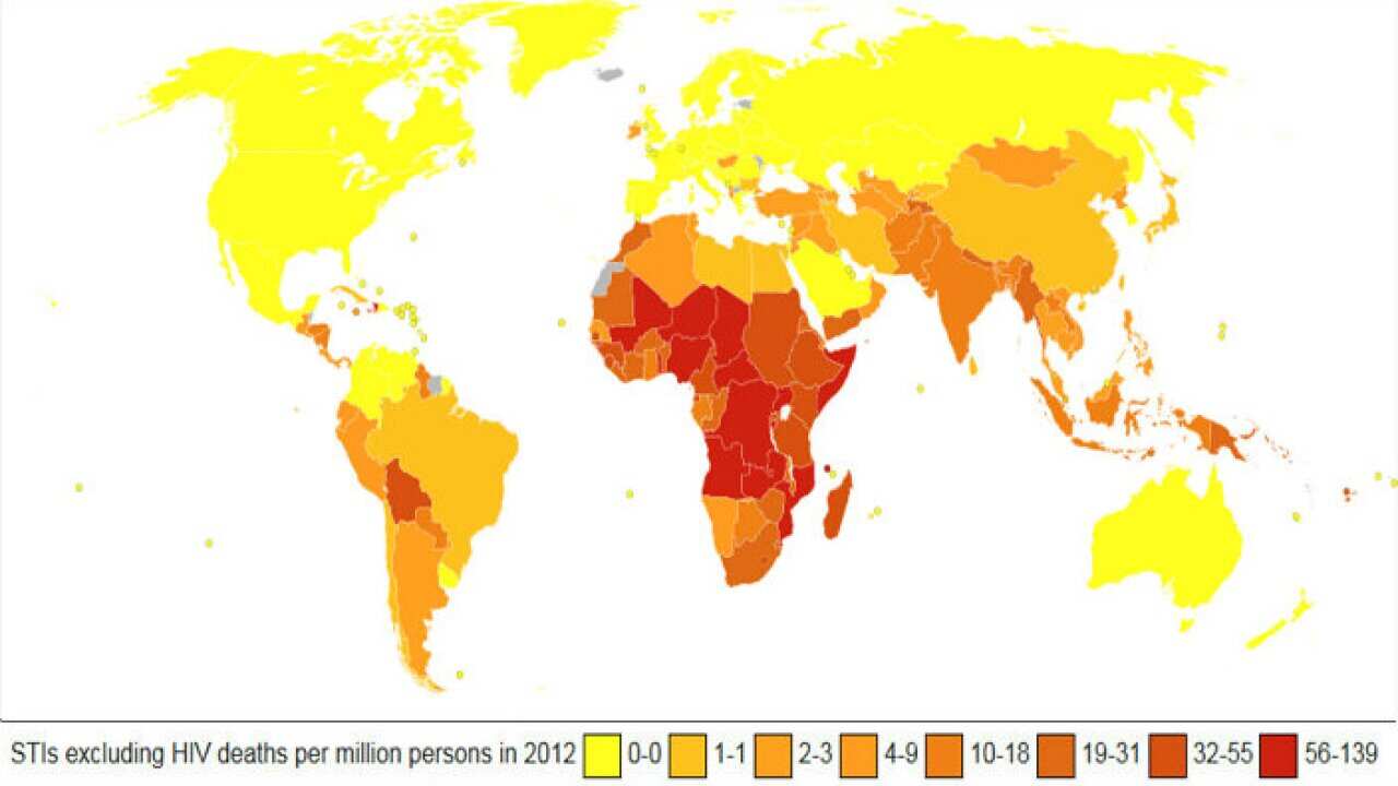 STDs excluding HIV world map-Deaths per million persons-WHO2012.svg