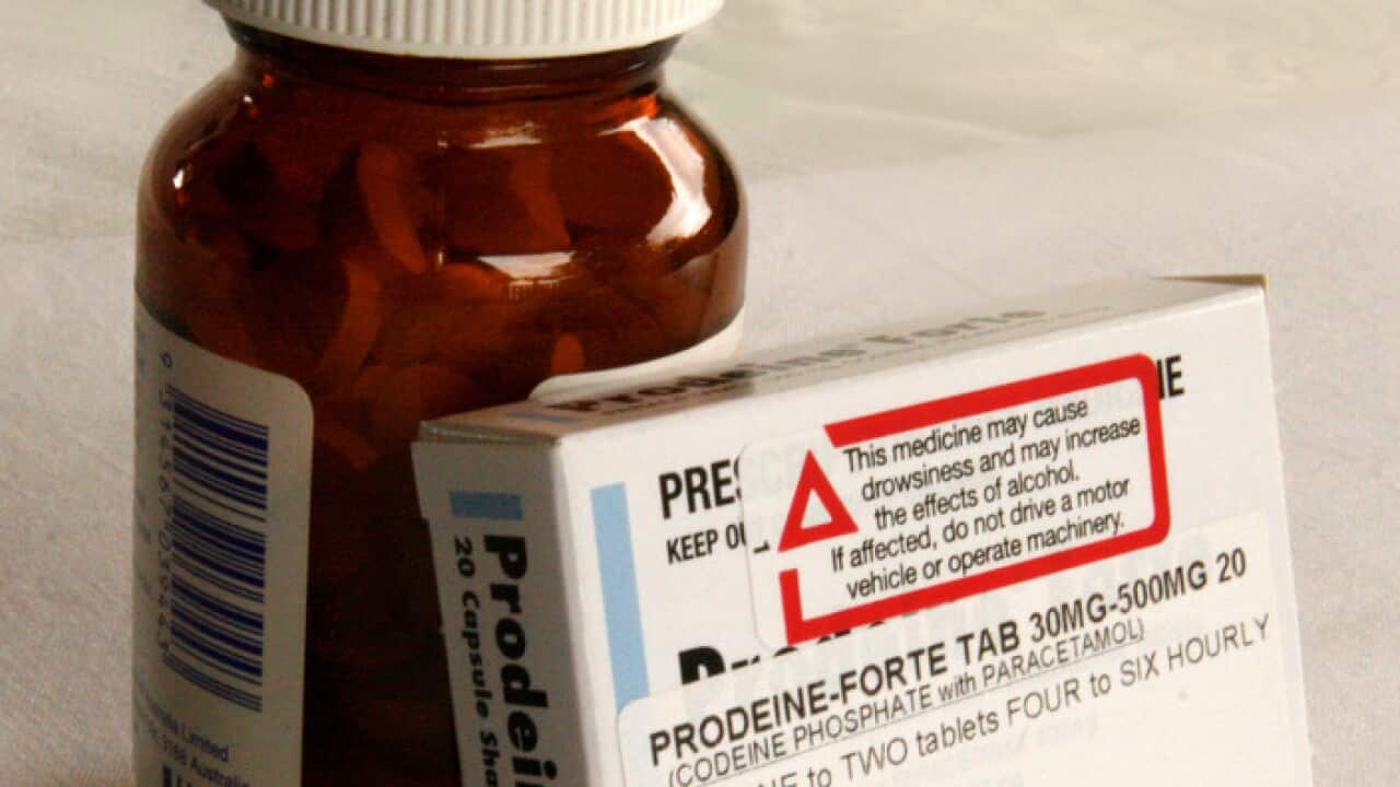 Prodeine Forte Tablets lean against a jar of medication in Sydney, September 17, 2008. (AAP Image/Melanie Foster) NO ARCHIVING, EDITORIAL USE ONLY