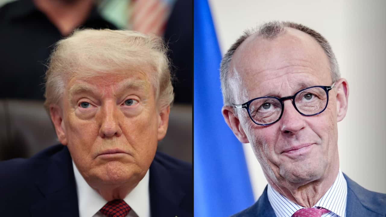 A composite image of the faces of two men wearing suits.