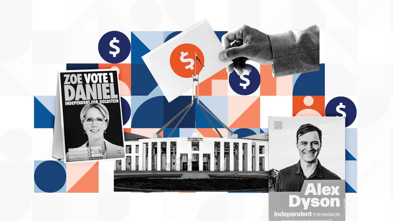 A stylised image of the Australian parliament featuring a hand placing a card with a dollar sign and posters of two candidates: Zoe Daniel and Alex Dyson.