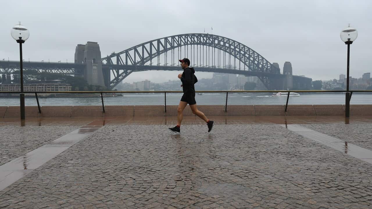 A person jogging near Sydney Harbour Bridge on a rainy day.