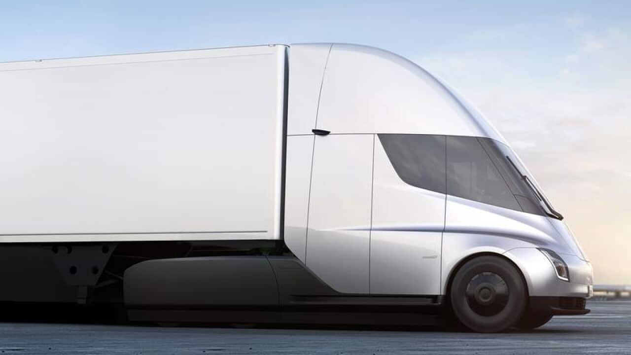 This photo provided by Tesla shows the front of the new electric semi.