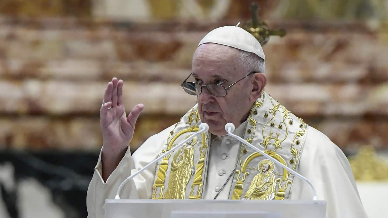 Pope Francis delivers his Urbi et Orbi blessing after celebrating Easter Mass at St. Peter's Basilica at The Vatican Sunday, April 4, 2021, during the Covid-19 coronavirus pandemic. (Filippo Monteforte/Pool photo via AP)