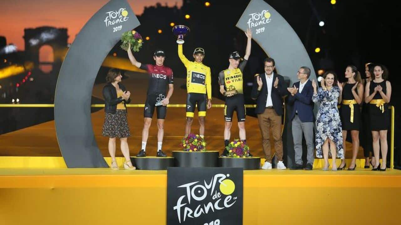 Celebration of the tour winner Egan Bernal, with Geraint Thomas in 2nd place and Steven Kruijswijk in 3rd place