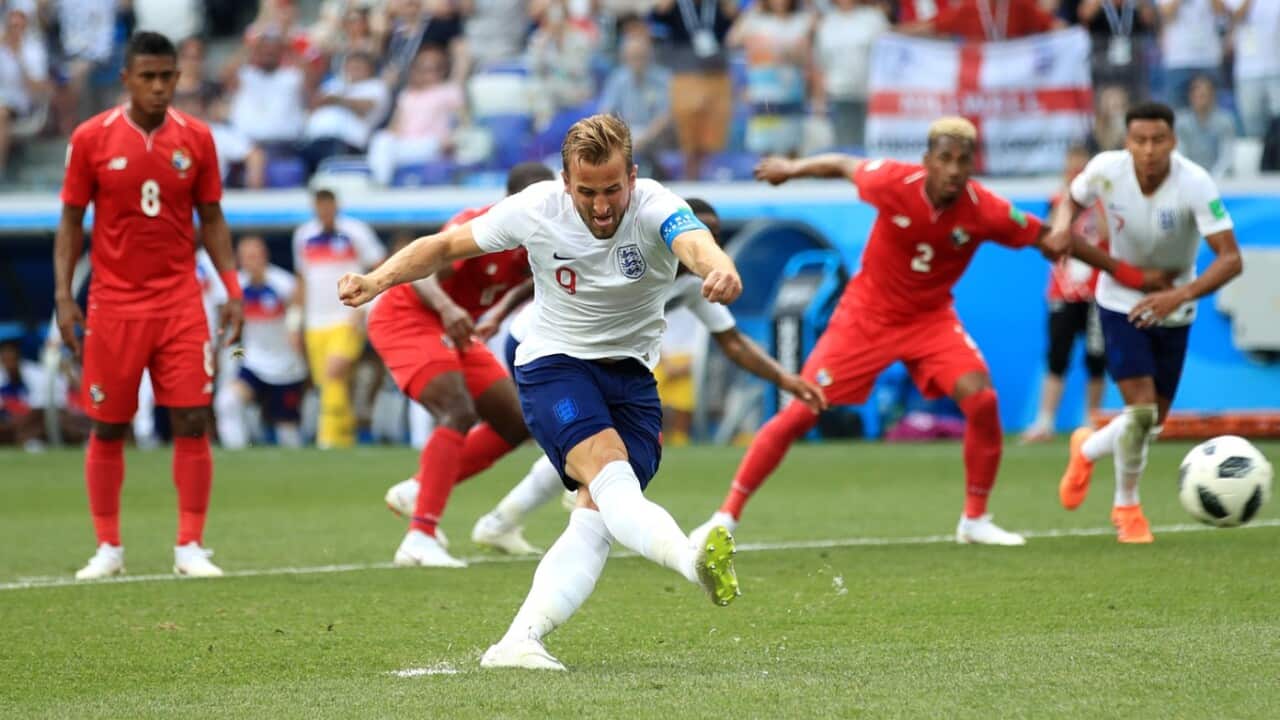 England's Harry Kane scores his side's second goal of the game from a penalty during the FIFA World Cup Group G match at the Nizhny Novgorod Stadium.