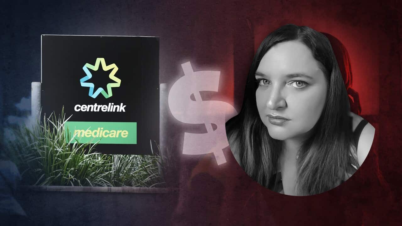 A digital graphic that includes a Centrelink sign and a photo of a woman.