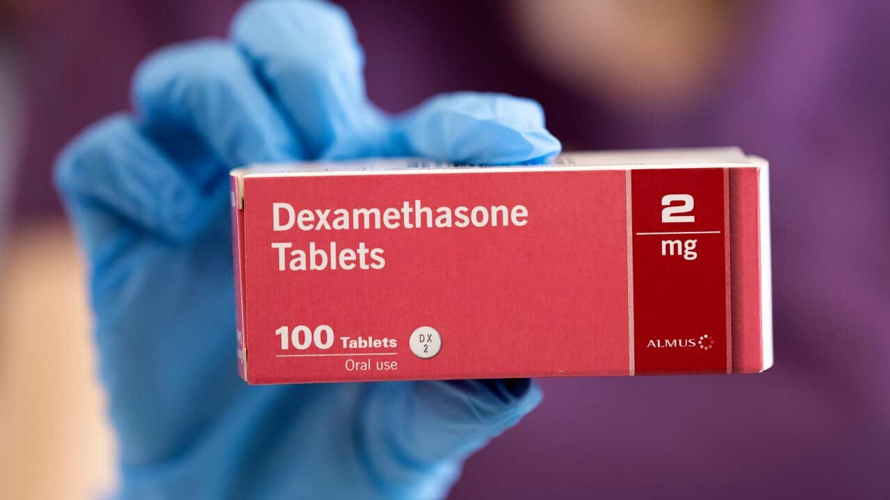 A close-up of a box of Dexamethasone tablets in a pharmacy on 16 June, 2020.