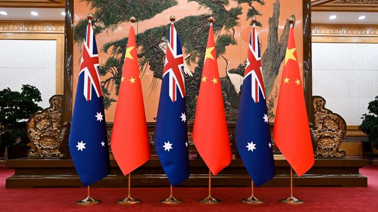Australian and Chinese flags in the Great Hall of the People in Beijing.jpg