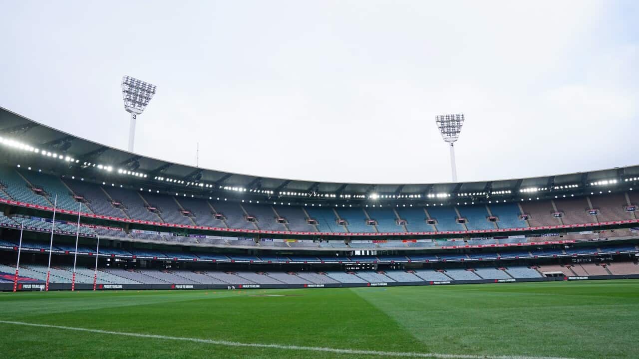 A general view of an empty MCG during the Round 5 AFL match between the Melbourne Demons and the Richmond Tigers at The MCG in Melbourne, Sunday, July 5, 2020. (AAP Image/Scott Barbour) NO ARCHIVING, EDITORIAL USE ONLY