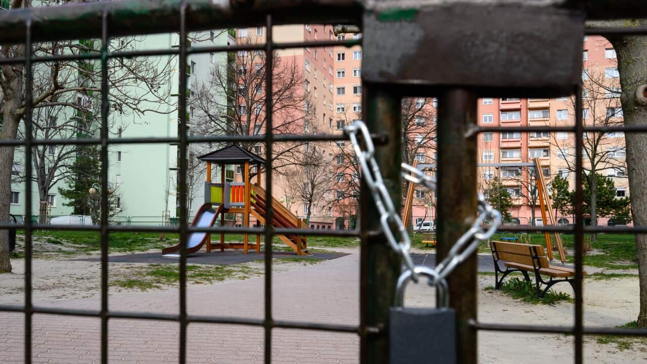 The gate of the a playground is locked by the city council in an effort to slow down the spread of the pandemic COVID-19 in Hungary.