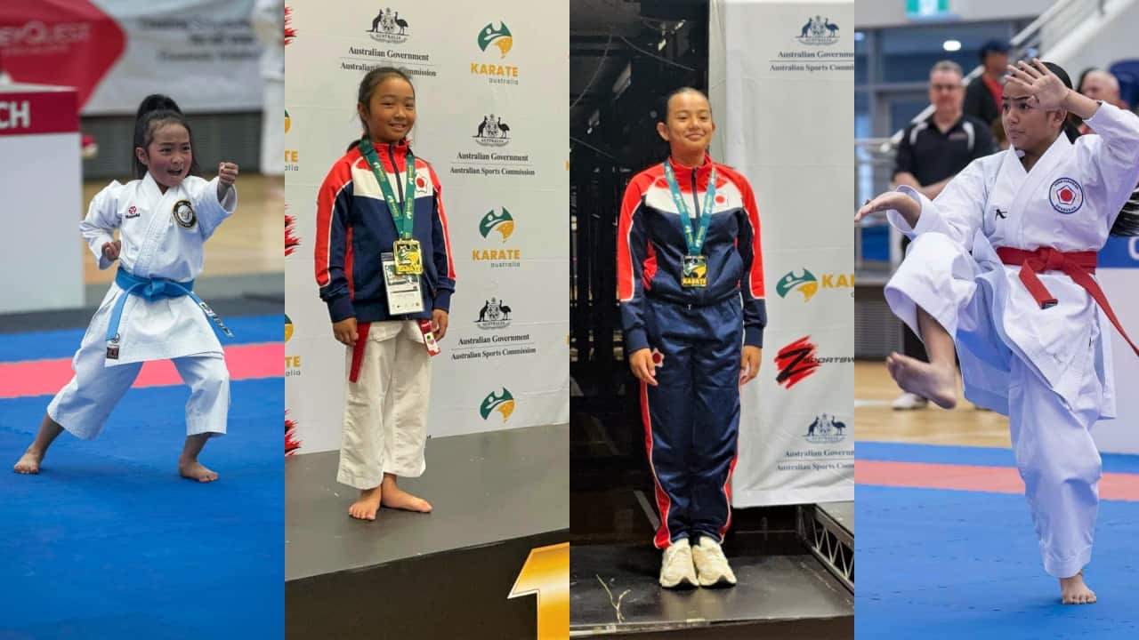Ten-year-old Axelle Quiana Zulueta (left) and Julianna Billones, 11, are kicking barriers in the world of karate as they win medals from their respective competitions across Australia.