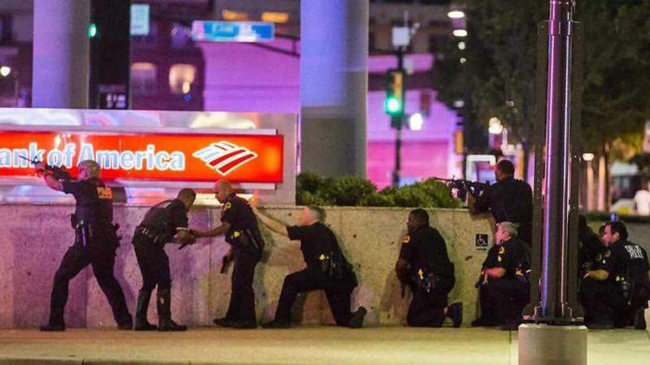 Dallas Police respond after shots were fired at a Black Lives Matter rally in downtown Dallas. (AAP