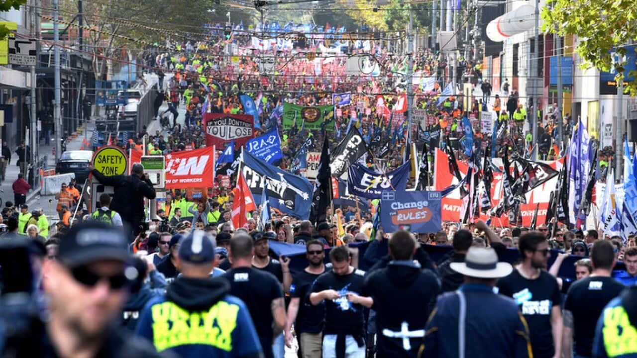 Union workers protest through the CBD for better pay and more secure jobs in Melbourne