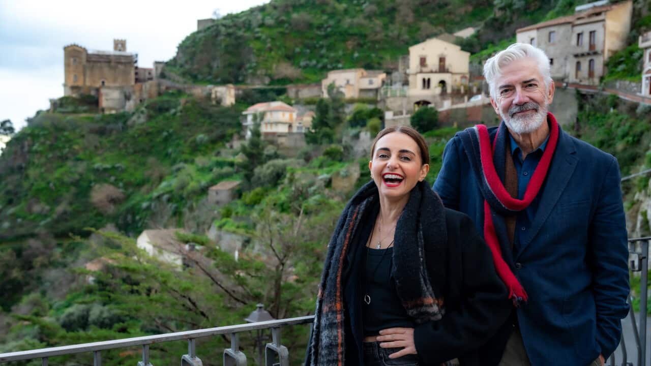 Pia Miranda and Shaun Micallef in 'Shaun Micallef's Origin Odyssey' season 2.
