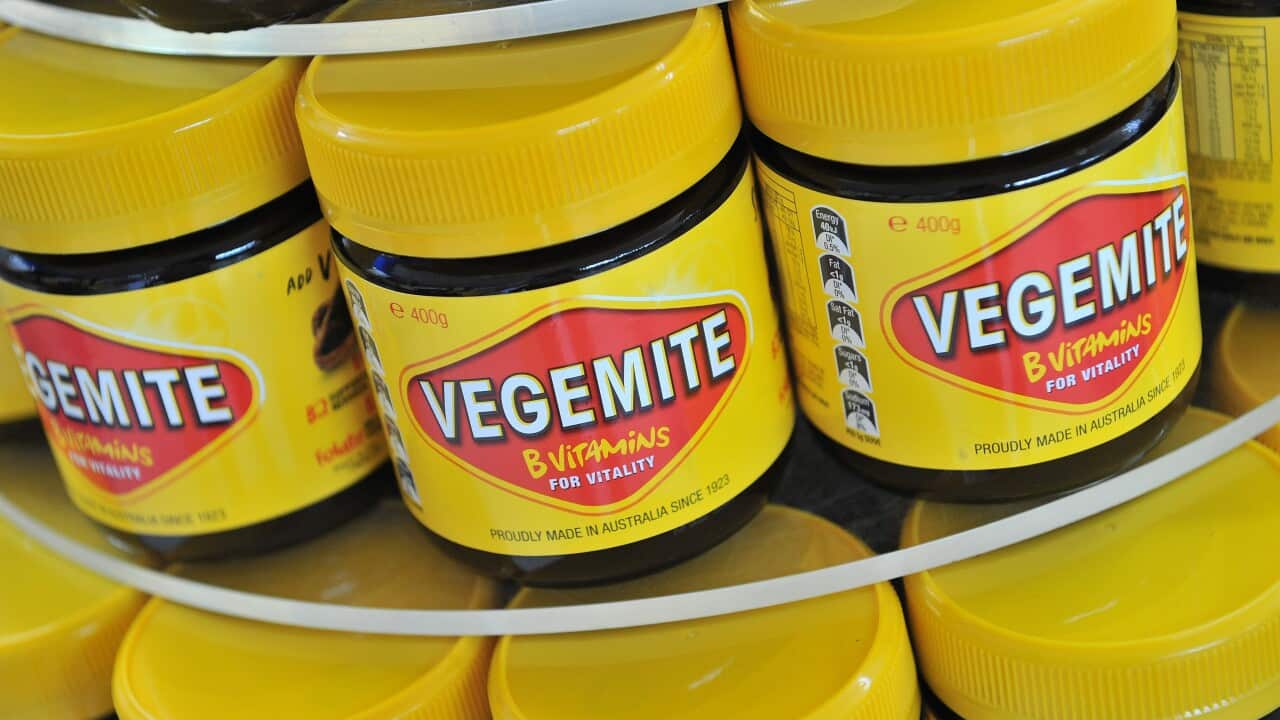 Vegemite jars on display at the Vegemite factory in Melbourne, Thursday, Oct. 24, 2013. As Vegemite celebrates its 90th anniversary, there are, on average, two jars of Vegemite sold in Australia every three seconds. (AAP Image/Julian Smith) NO ARCHIVING