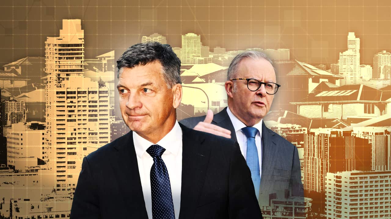 An image of Opposition leader Angus Taylor and prime minister Anthony Albanese with yellow housing in the background.