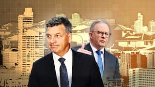 An image of Opposition leader Angus Taylor and prime minister Anthony Albanese with yellow housing in the background.