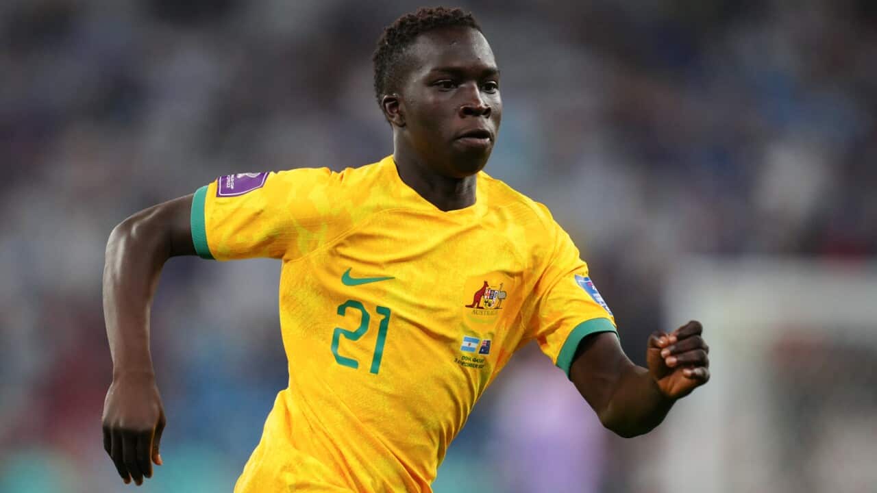 Garang Kuol in action for the Socceroos at the FIFA World Cup