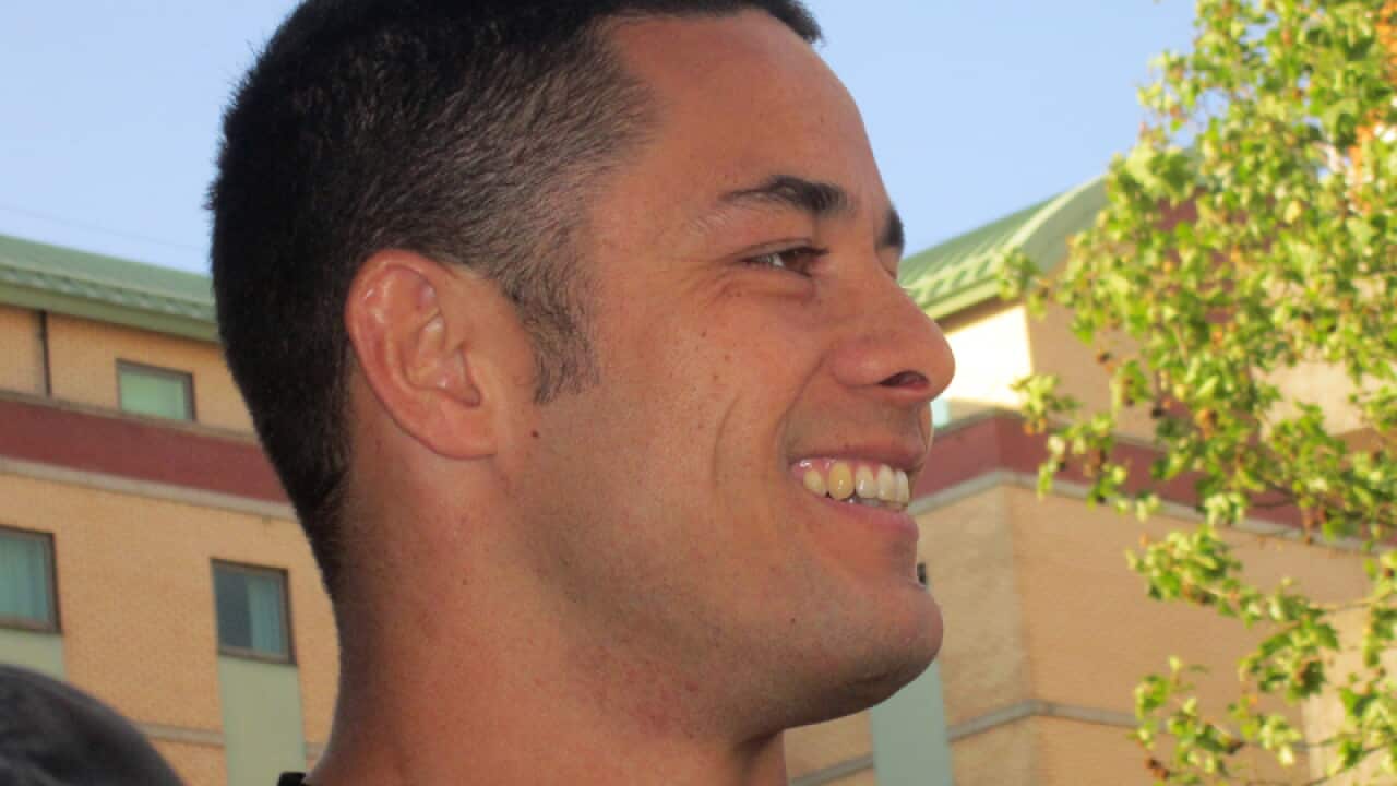 Former NRL superstar Jarryd Hayne speaks to the media in London
