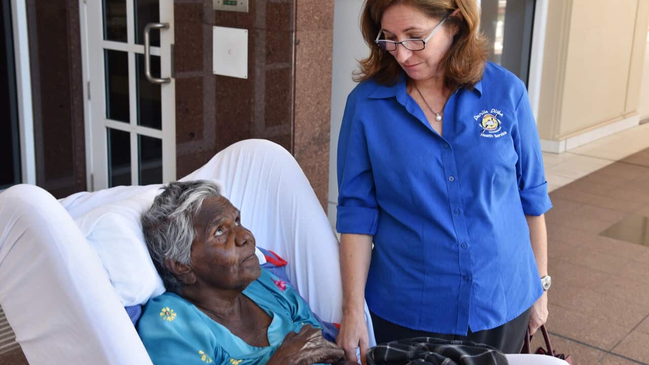 Aboriginal Elder Mildred Numamurdirdi, from Numbulwar, (left) and Danila Dilba Health Service doctor GP Meredith Hanson-Knarhol.