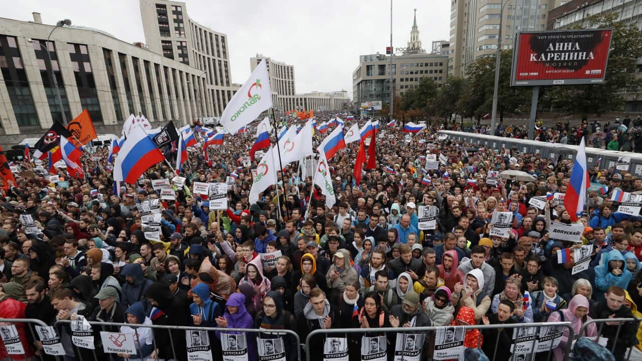 Russian liberal opposition gather for a rally protesting against unfair Moscow State Duma elections in the center of Moscow
