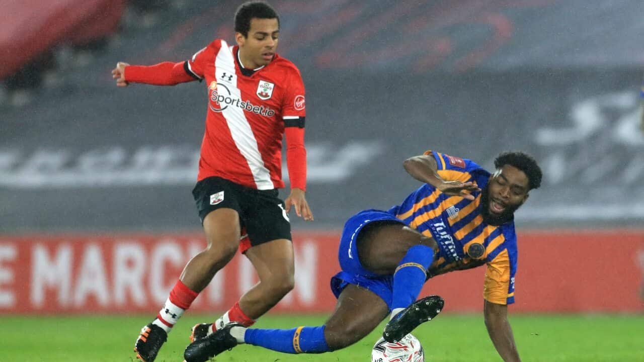Aussie midfielder Caleb Watts (L) in action for Southampton in their FA Cup clash against Shrewsbury