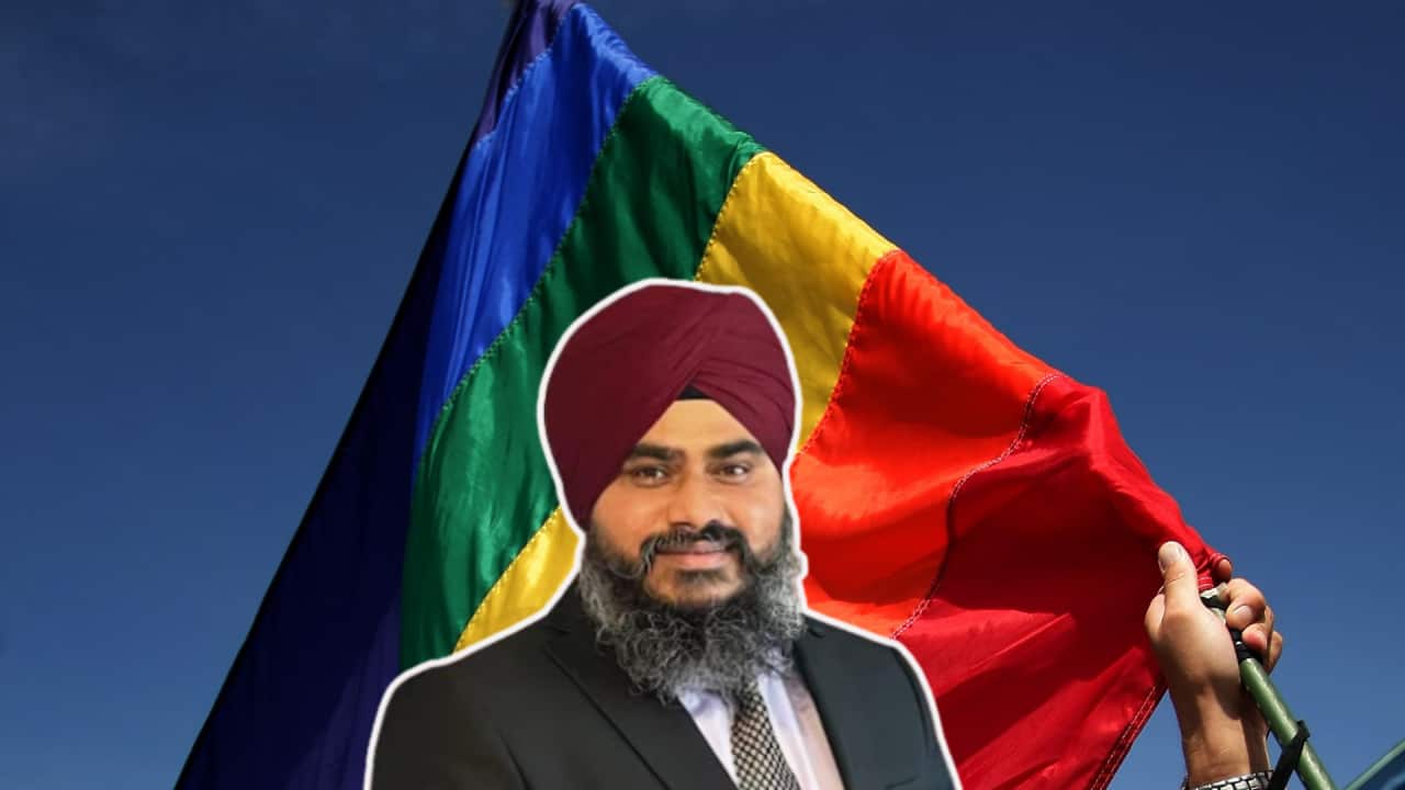 Image of former One Nation candidate Parminder Singh with a backdrop of a rainbow flag depicting LGBTQI+ community
