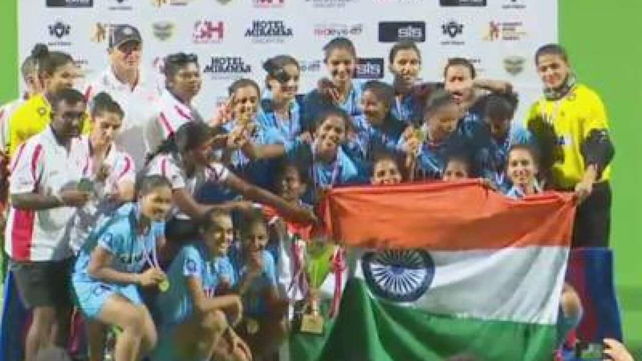 The victorious Indian womens hockey team in Singapore, after winning Asian Champions Trophy 2016