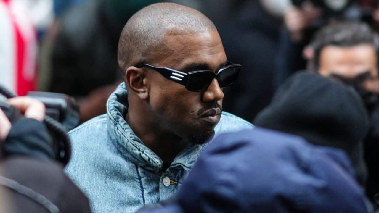 Kanye West is seen during Paris Fashion Week on 23 January, 2022 in Paris, France.