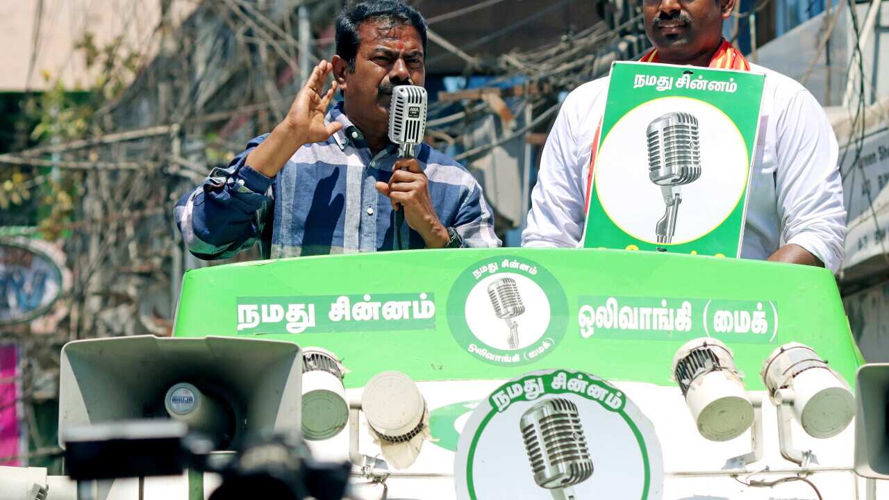 Seeman speaks during a campaign for party south Chennai Lok Sabha candidate Karthikeyan