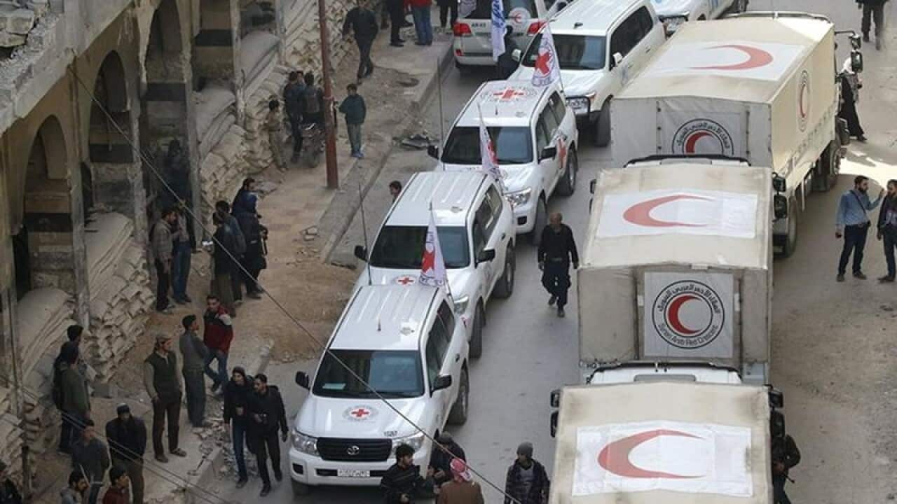 A convoy with medical supplies for people in Douma, eastern Ghouta