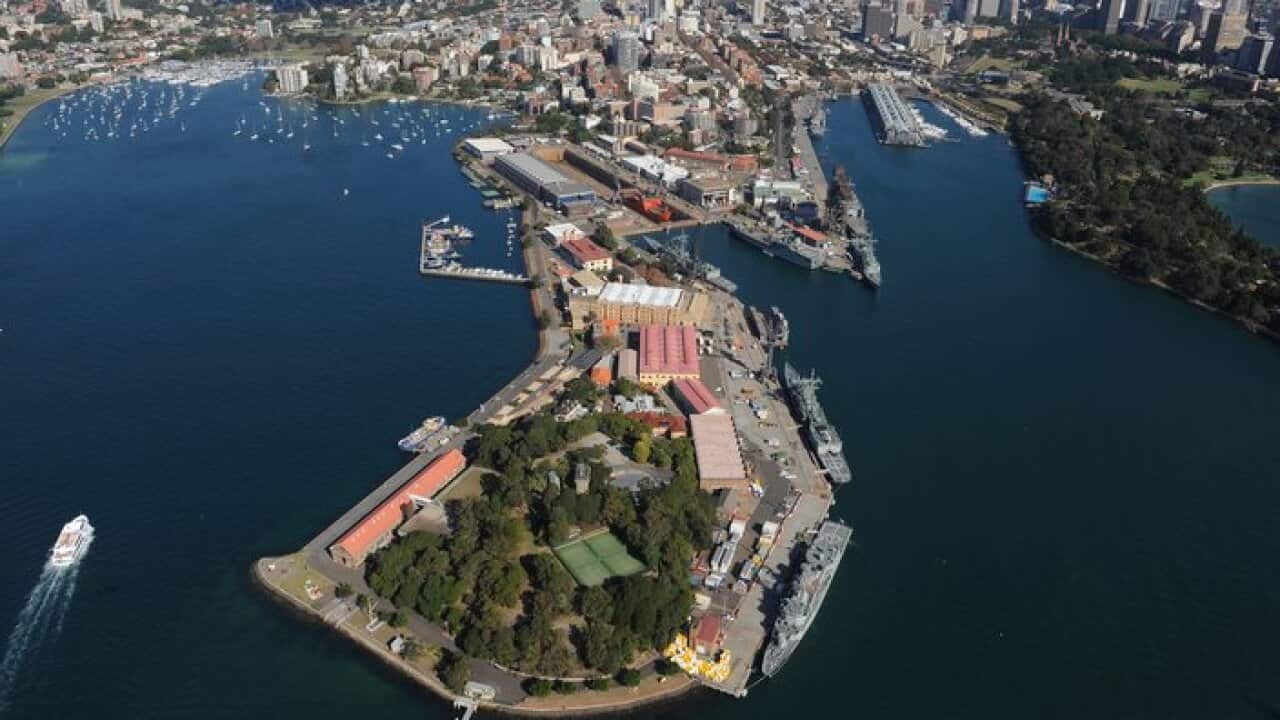 An aerial view of naval ships docked at Garden Island, Sydney, Saturday, May 15, 2010. (AAP Image/Dean Lewins) NO ARCHIVING