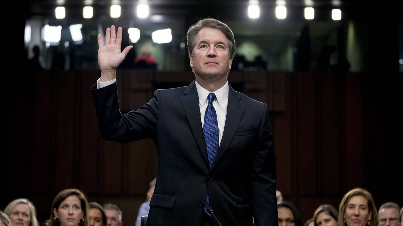 Brett Kavanaugh is sworn-in before the Senate Judiciary Committee on Tuesday.