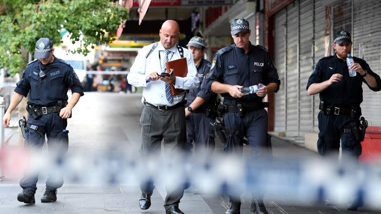 NSW Police attend the scene of a shooting at a cafe at Bankstown City Plaza, in Bankstown, Tuesday, January 23, 2018.