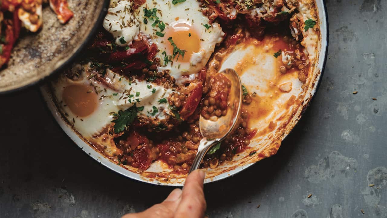 A kapha breakfast: shakshuka with lentils.