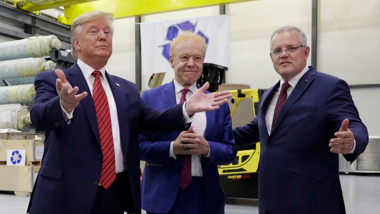 President Donald Trump, Prime Minister Scott Morrison and businessman Anthony Pratt at his factory in Wapakoneta, Ohio.