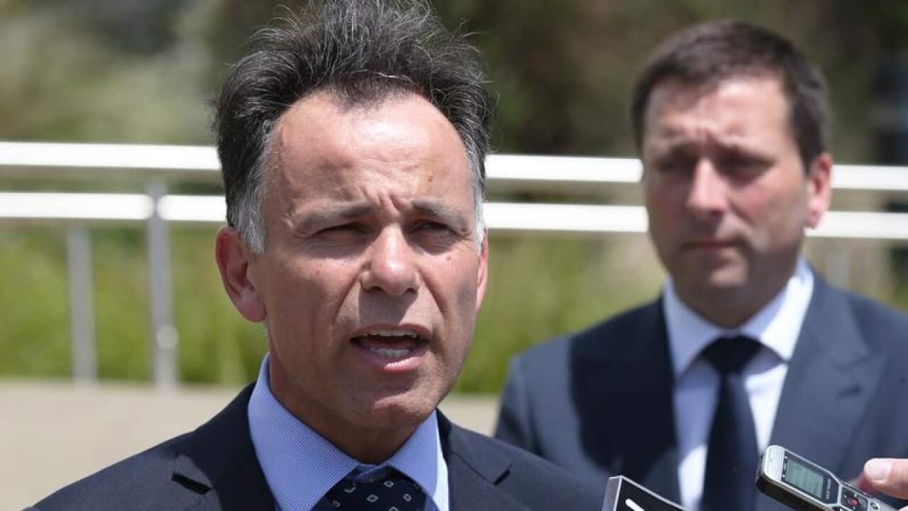 Shadow Attorney General John Pesutto (left) speaks to the media.