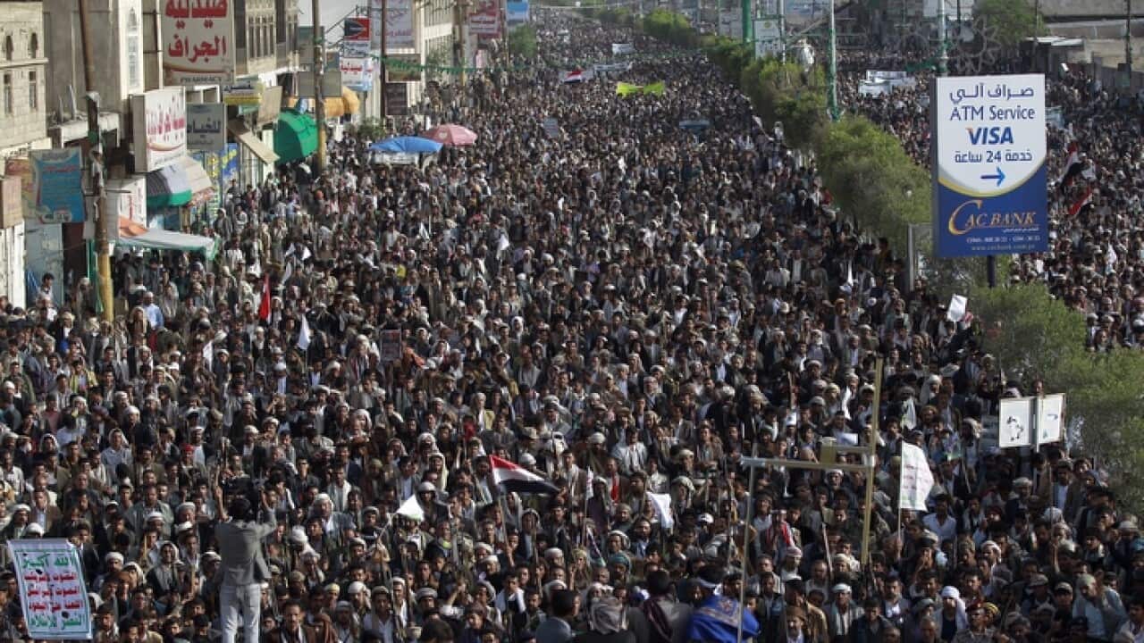 Thousands of Yemeni supporters of the Shiite Huthi rebel group rally against air strikes by Saudi-led coalition