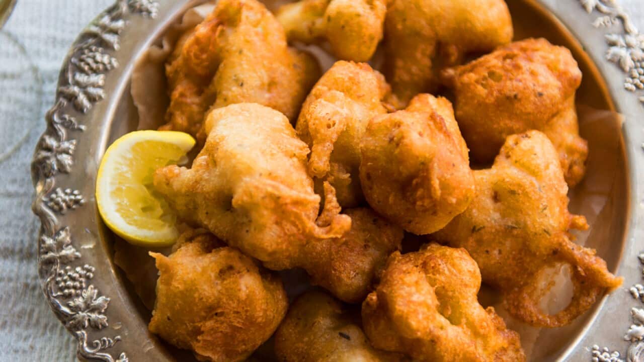 Apple cider-battered cauliflower fritters