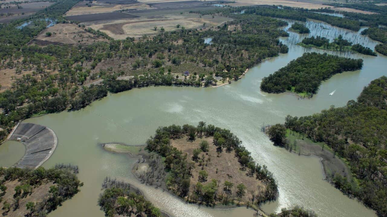 An aerial view of the Chinchilla Weir near Chinchilla, where the remains of three-year-old Kaydence Mills were found.