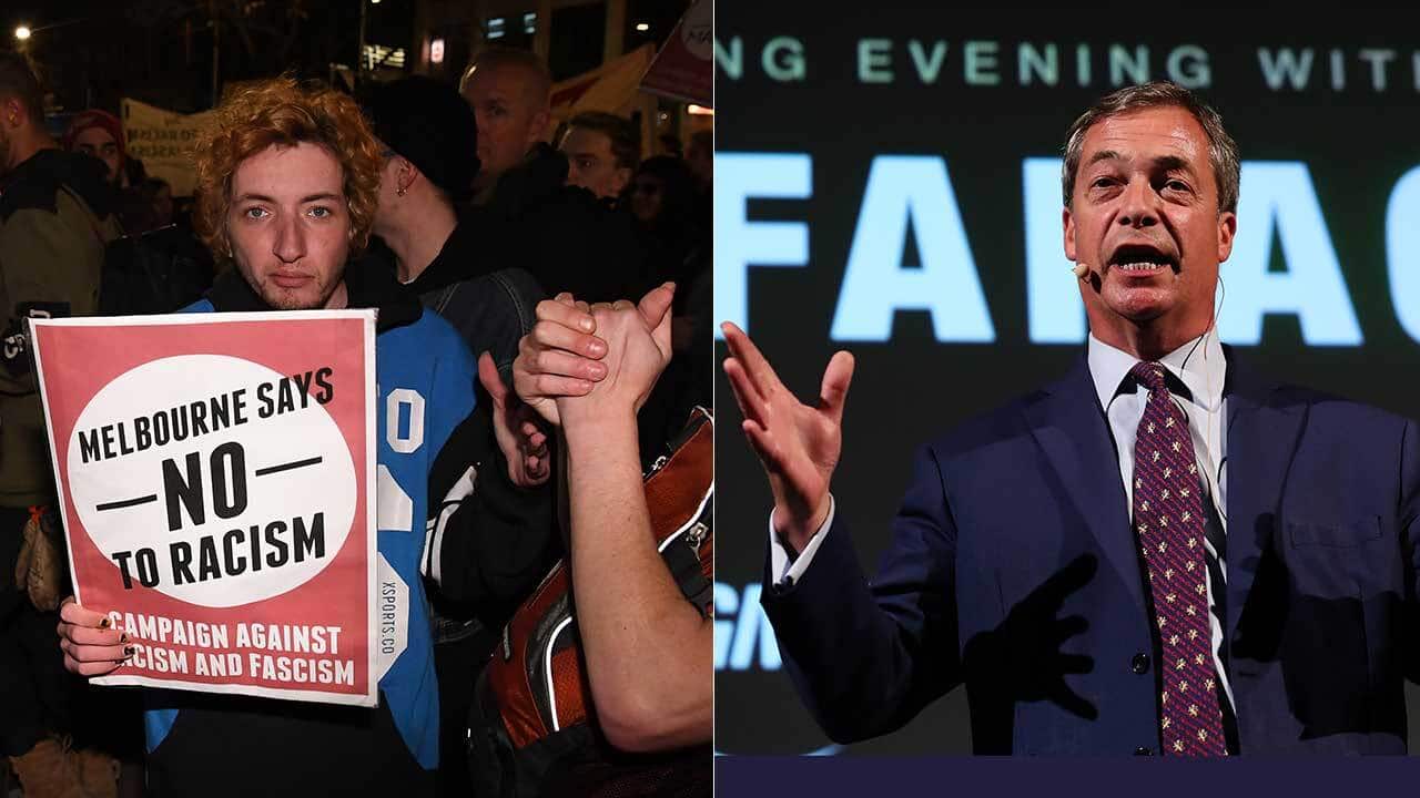 Protesters demonstrated outside Melbourne's Sofitel Hotel where British politician Nigel Farage was due to speak.