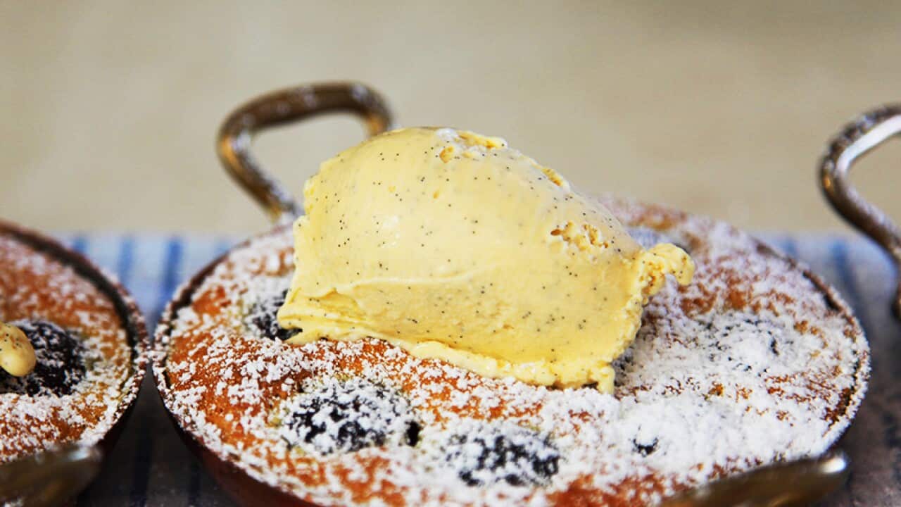 Vanilla bean ice cream on clafoutis