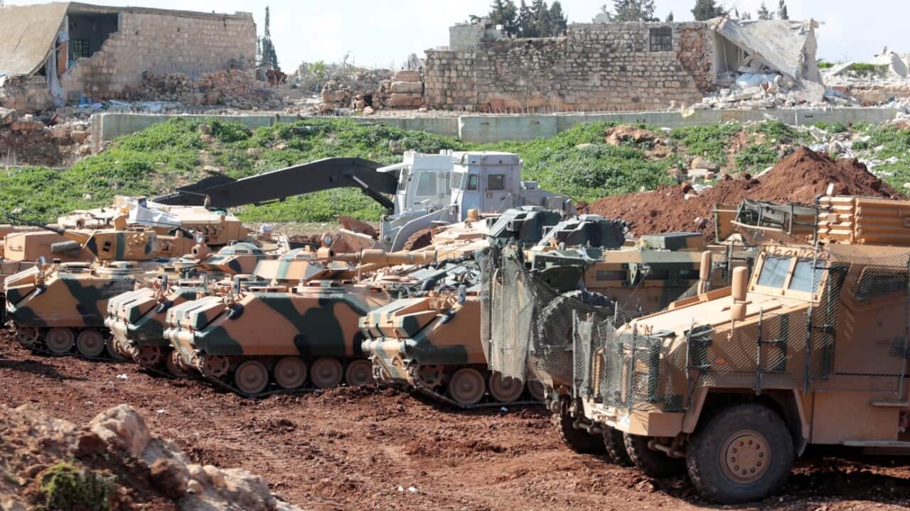 Turkish tanks waits in village of Qestel Cindo, Afrin, 14 March 2018.