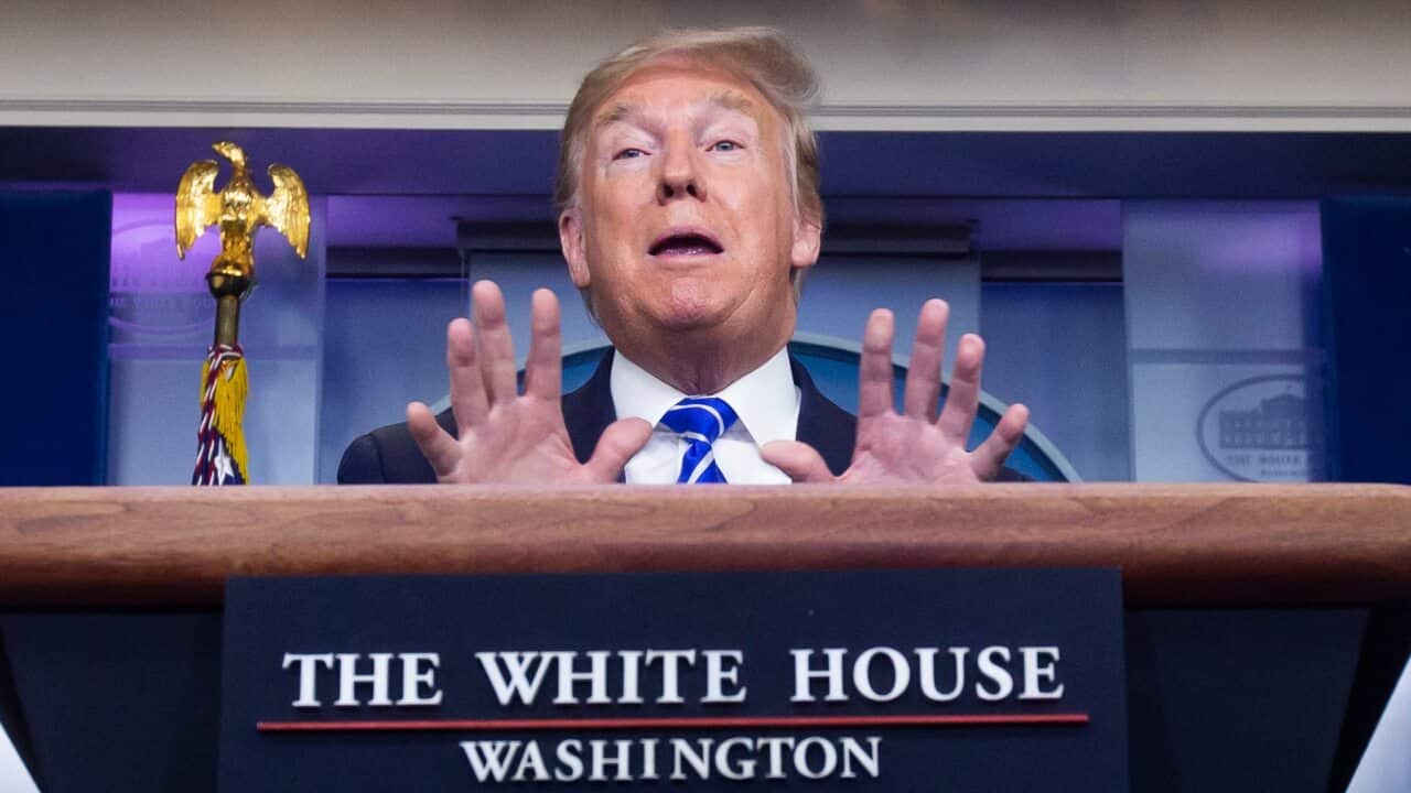 US President Donald J. Trump participates in a news conference on the COVID-19 pandemic with members of the Coronavirus Task Force, in the James S. Brady Press Briefing Room of the White House in Washington, DC, USA, 23 April 2020..