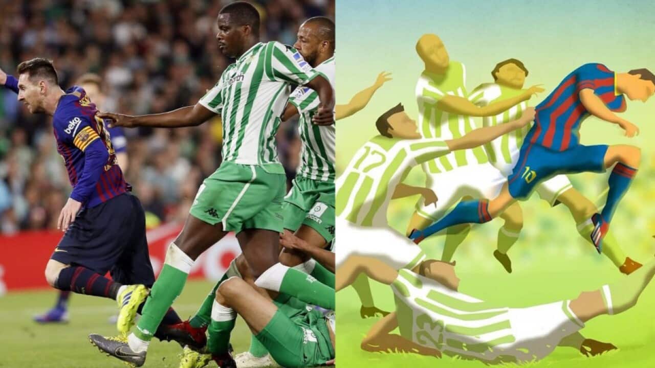 Barcelona's Argentinian forward Lionel Messi (right) shoots to score a goal on 23 March, 2019 in a scene reminiscent of a 2013 drawing. 