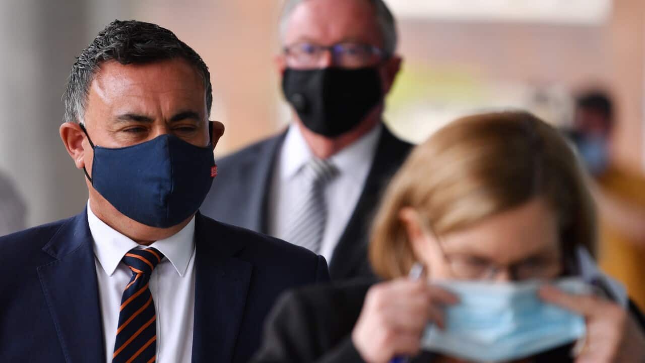 Acting Premier John Barilaro (left), NSW Minister for Health Brad Hazzard (centre) and NSW Chief Medical Officer Dr Kerry Chant.