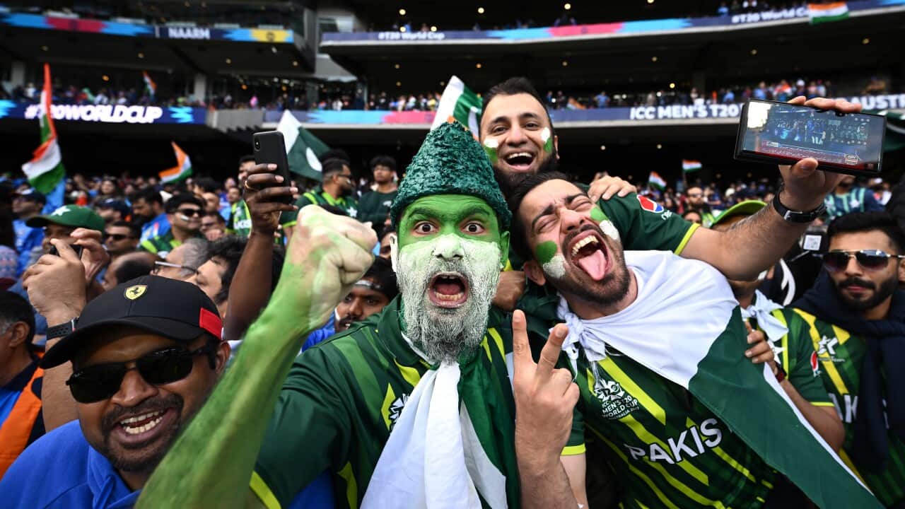 Fans of the Indian and Pakistan cricket teams at the Melbourne Cricket Ground