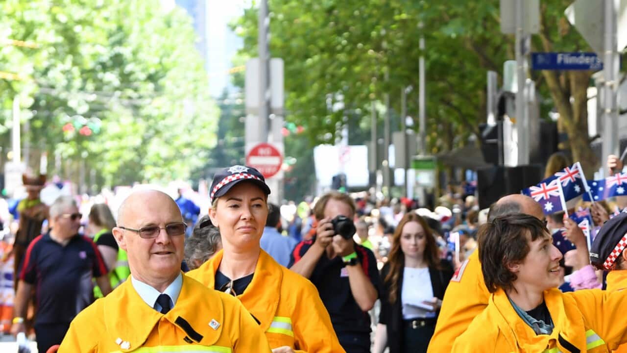 CFA members take part in the Australia Day parade celebrations in Melbourne, Sunday, January 26, 2020. (AAP Image/James Ross) NO ARCHIVING