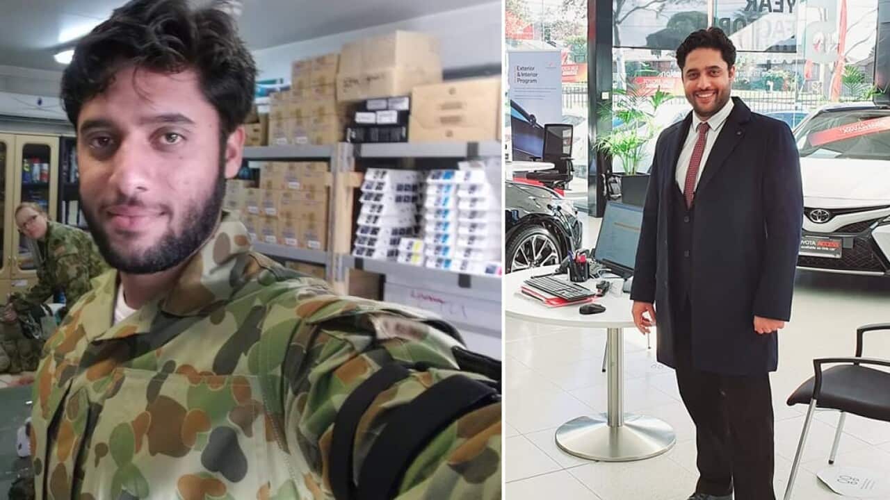 Liaqat Khan in his army fatigues while working as an interpreter for the ADF (L) and him in 2020 on the campaign trail.