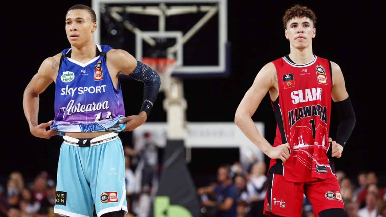 RJ Hampton and LaMelo Ball during the NBL20 season